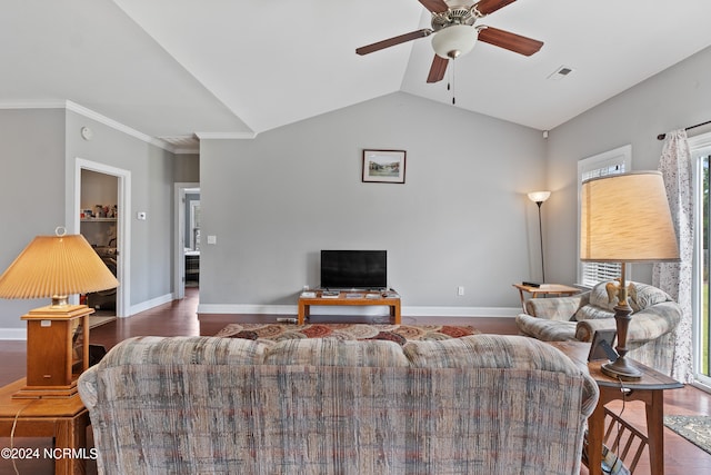 living room featuring ceiling fan, lofted ceiling, crown molding, and dark hardwood / wood-style flooring