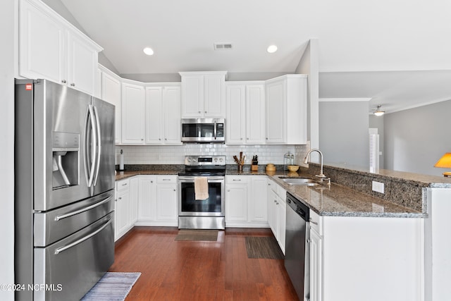 kitchen featuring stainless steel appliances, kitchen peninsula, sink, and dark hardwood / wood-style flooring