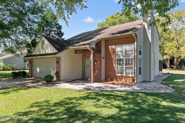 single story home with a front yard and a garage