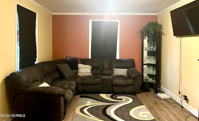 living room featuring light hardwood / wood-style floors and crown molding