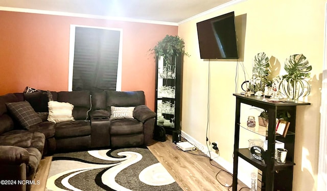 living room with light wood-type flooring and crown molding