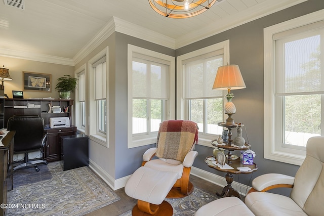 office featuring dark wood-type flooring and crown molding