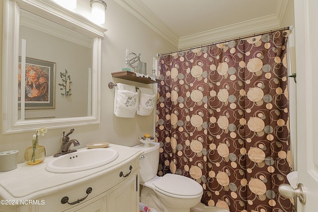 bathroom with walk in shower, ornamental molding, vanity, and toilet