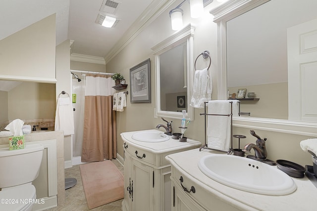 bathroom featuring tile patterned flooring, toilet, ornamental molding, a shower with shower curtain, and vanity