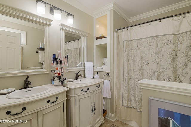 bathroom with vanity and ornamental molding