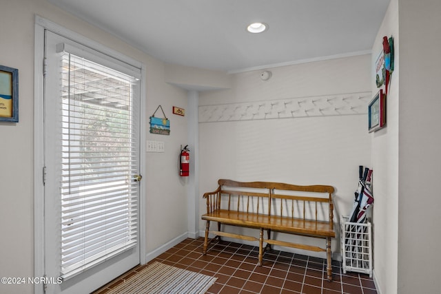 mudroom with dark tile patterned floors