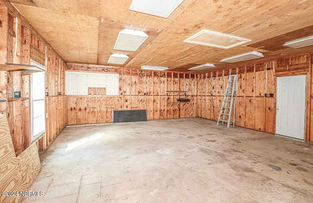 interior space with wood ceiling and wooden walls