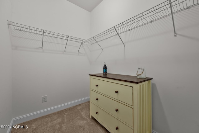 spacious closet featuring light colored carpet