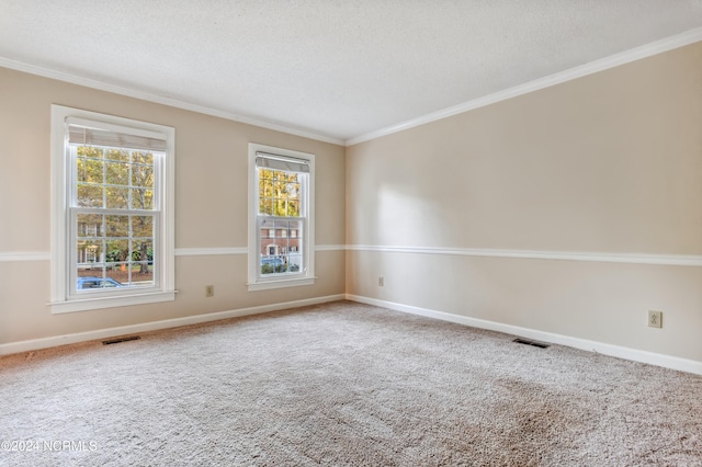 unfurnished room with crown molding, a textured ceiling, and carpet flooring