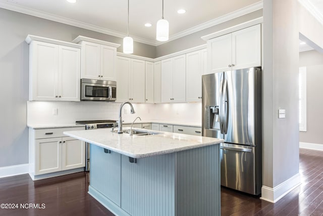 kitchen with stainless steel appliances, light stone countertops, dark wood-type flooring, and white cabinetry