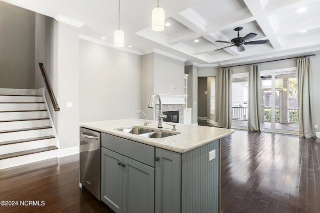 1230 Pinfish Ln, Carolina Beach, NC 28428 - kitchen featuring stainless steel dishwasher, gray cabinetry, open floor plan, a ceiling fan, and beam ceiling