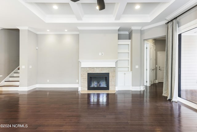 1230 Pinfish Ln, Carolina Beach, NC 28428 - unfurnished living room with crown molding, hardwood / wood-style floors, ceiling fan, a fireplace, and recessed lighting