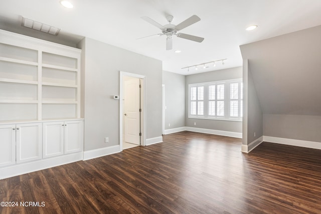 interior space with dark hardwood / wood-style flooring and ceiling fan