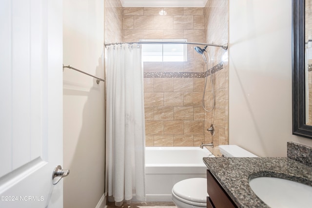 full bathroom with shower / bathtub combination with curtain, vanity, and toilet