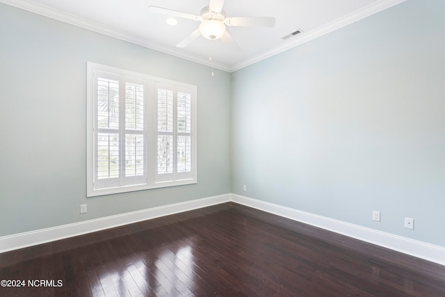 unfurnished room featuring crown molding, hardwood / wood-style flooring, and ceiling fan