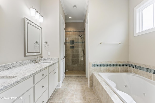 1230 Pinfish Ln, Carolina Beach, NC 28428 - bathroom with a stall shower, double vanity, a jetted tub, ornamental molding, and tile patterned floors