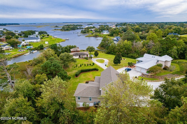 aerial view featuring a water view