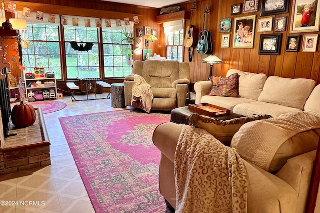 living room featuring wooden walls