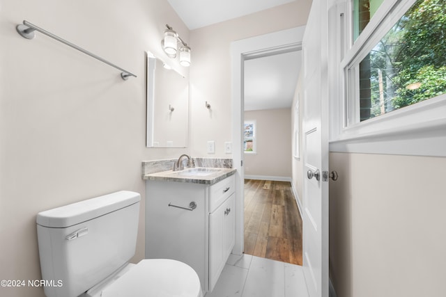 bathroom featuring vanity, hardwood / wood-style floors, and toilet