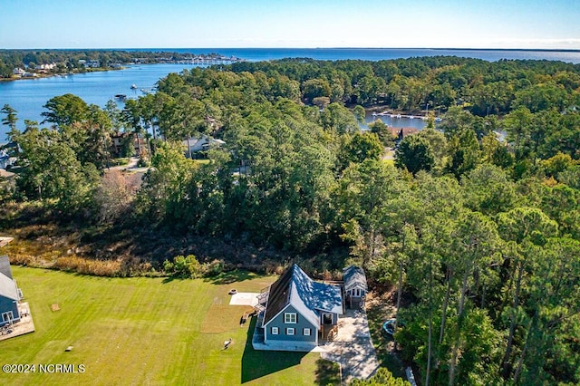 bird's eye view with a water view and a wooded view