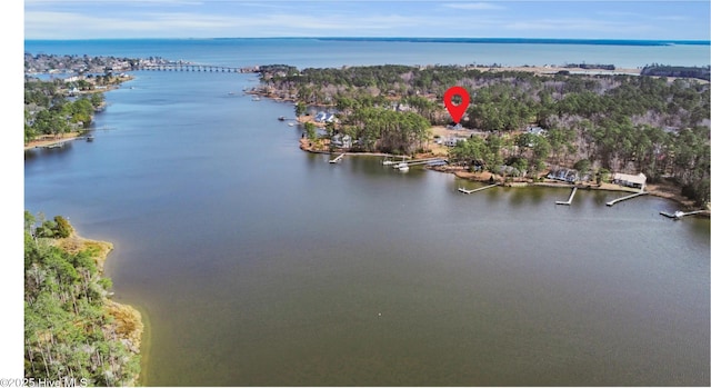 birds eye view of property featuring a water view