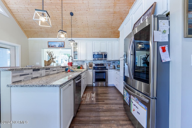 kitchen with decorative backsplash, appliances with stainless steel finishes, wood ceiling, a sink, and a peninsula