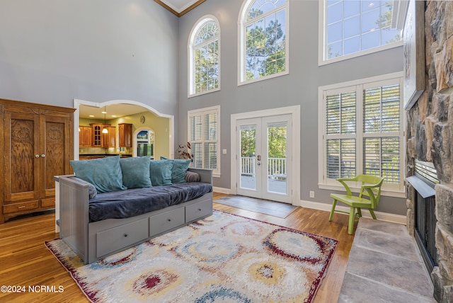 living room featuring light hardwood / wood-style floors, a high ceiling, and plenty of natural light