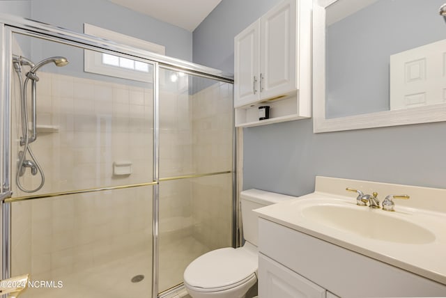 bathroom with vanity, toilet, and a shower with shower door