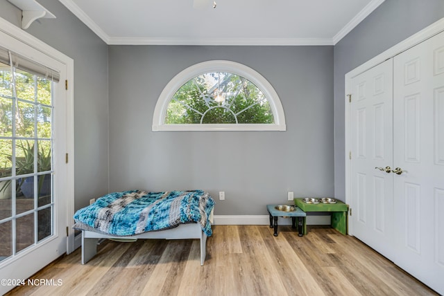 bedroom with light hardwood / wood-style floors, multiple windows, and ornamental molding