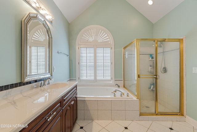 bathroom featuring vanity, lofted ceiling, and plus walk in shower