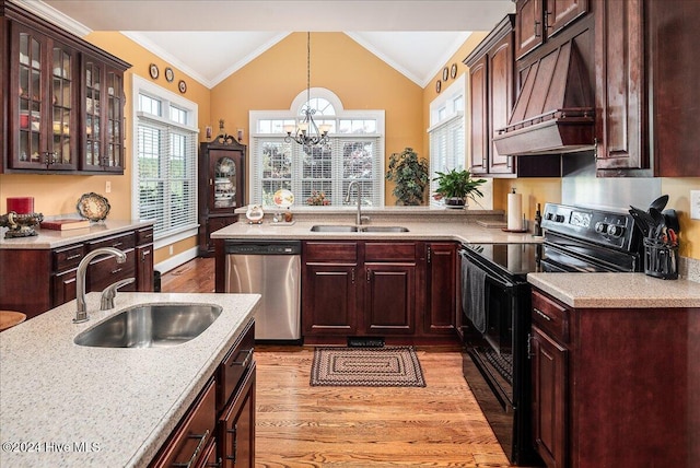 kitchen with vaulted ceiling, sink, black electric range, and dishwasher