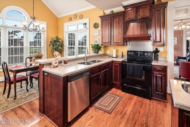 kitchen featuring kitchen peninsula, custom exhaust hood, stainless steel dishwasher, lofted ceiling, and black range with electric cooktop