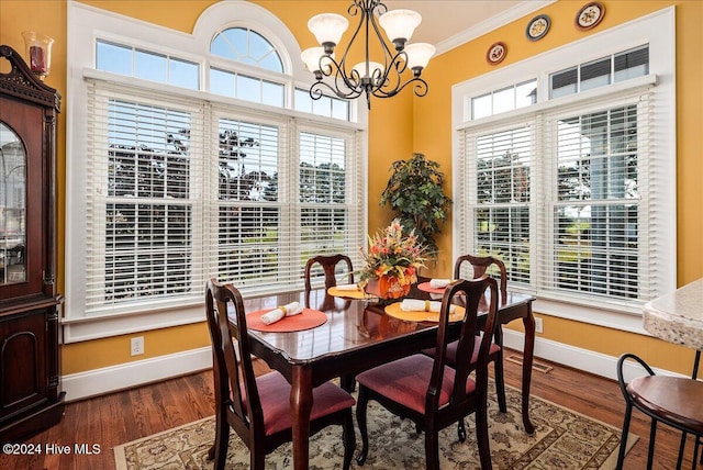 dining space featuring dark wood-type flooring, a healthy amount of sunlight, and ornamental molding