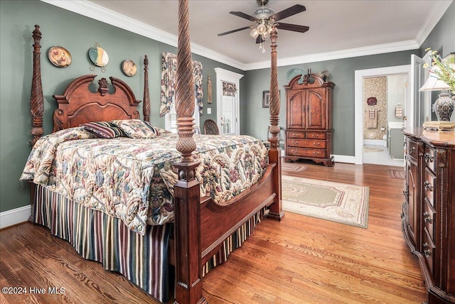 bedroom featuring ceiling fan, connected bathroom, light wood-type flooring, and crown molding