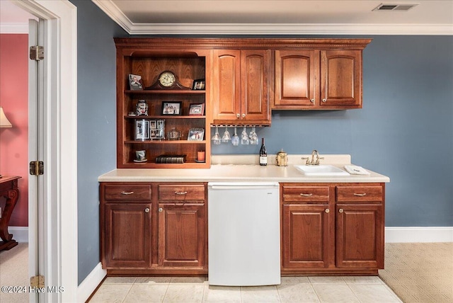 bar with sink, light tile patterned flooring, and crown molding