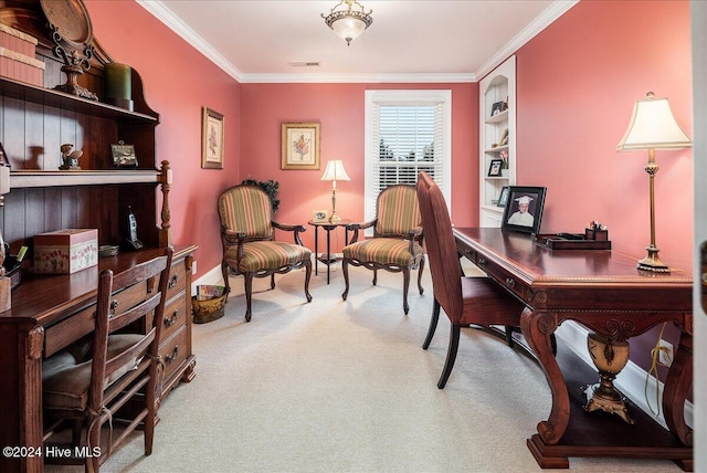 office area featuring carpet flooring and crown molding