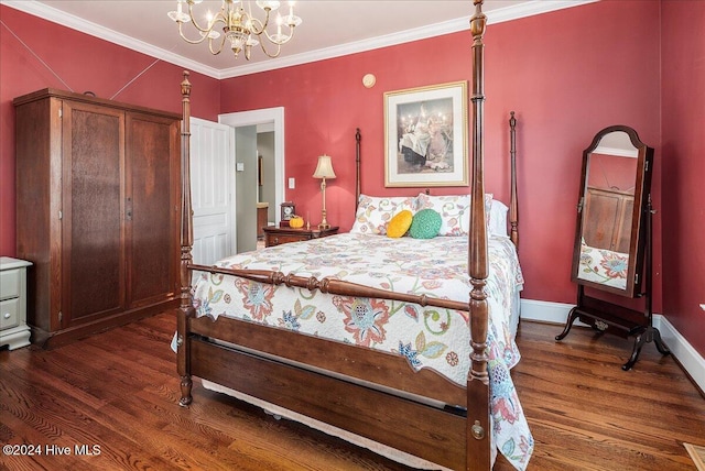 bedroom with dark wood-type flooring, crown molding, and a notable chandelier