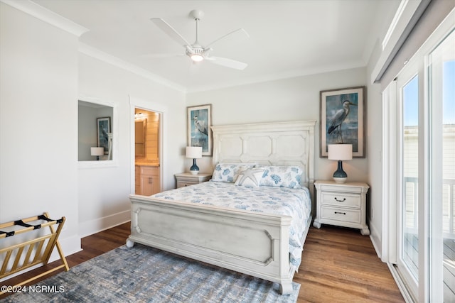 bedroom with wood finished floors, baseboards, a ceiling fan, ensuite bath, and crown molding