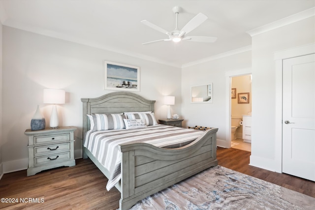 bedroom featuring wood finished floors, baseboards, ceiling fan, crown molding, and connected bathroom