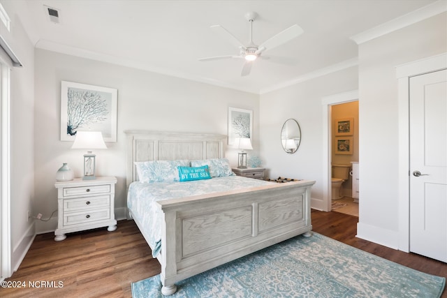 bedroom featuring visible vents, ornamental molding, dark wood finished floors, baseboards, and ceiling fan