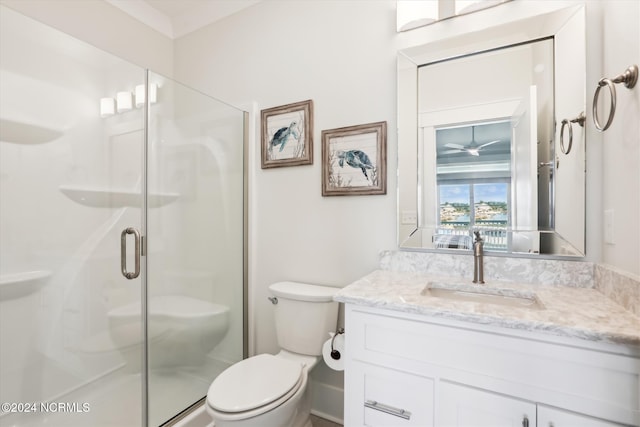 full bathroom featuring a shower stall, toilet, and vanity