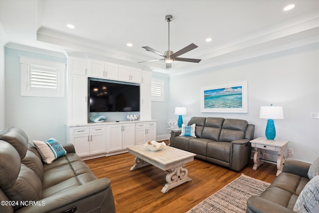 living room with recessed lighting, a tray ceiling, and wood finished floors