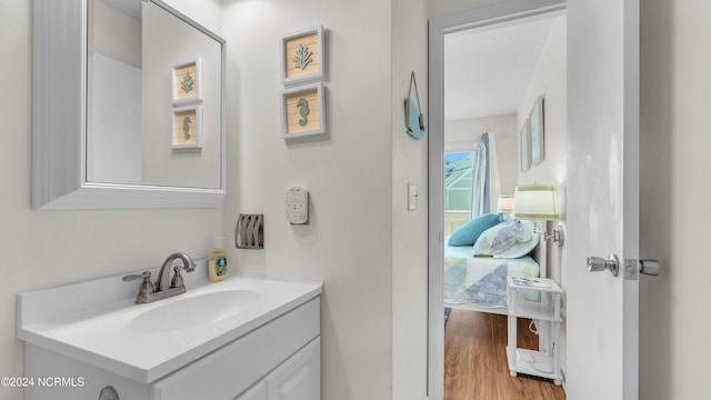 bathroom with wood-type flooring, vanity, and a textured ceiling