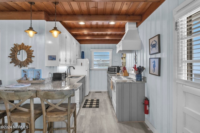 kitchen featuring white cabinetry, beam ceiling, wooden ceiling, and custom exhaust hood