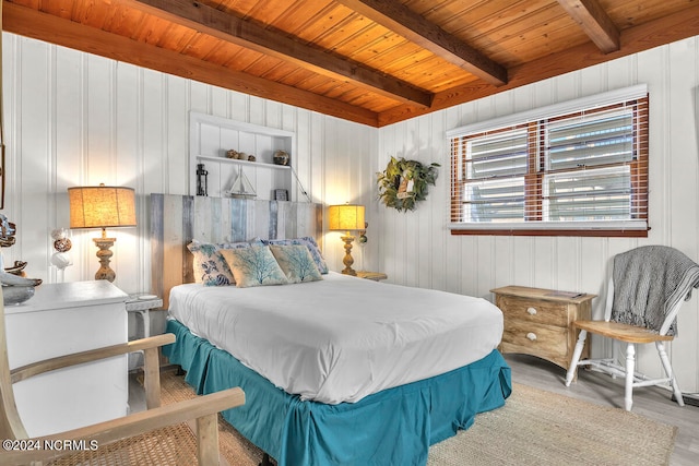 bedroom featuring light hardwood / wood-style floors, wood ceiling, and beamed ceiling