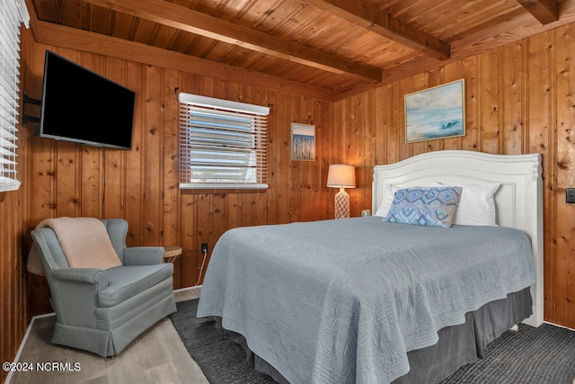 bedroom featuring wood ceiling, beamed ceiling, and wooden walls