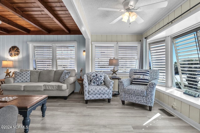 living room featuring beamed ceiling, wooden walls, light hardwood / wood-style flooring, a textured ceiling, and ceiling fan