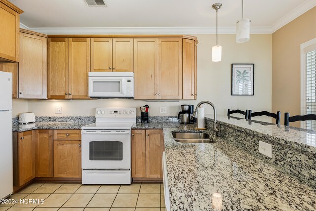 kitchen featuring white appliances, sink, decorative light fixtures, ornamental molding, and light tile patterned floors