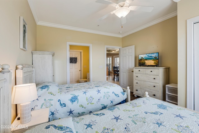 bedroom with ornamental molding, ensuite bath, wood-type flooring, and ceiling fan