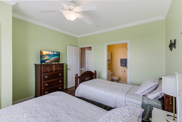 bedroom featuring wood-type flooring, ceiling fan, ornamental molding, and ensuite bathroom